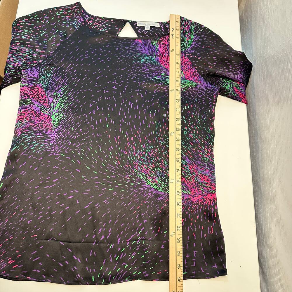 Scilla Womens 100% silk Long Sleeve Top Sz M Blouse Black Artsy Firework Fairy - Picture 9 of 11